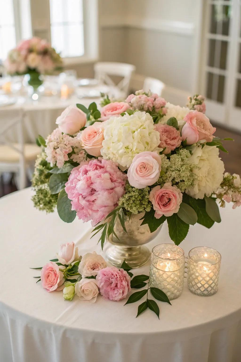An abundant floral centerpiece for a wedding inspired by garden aesthetics.