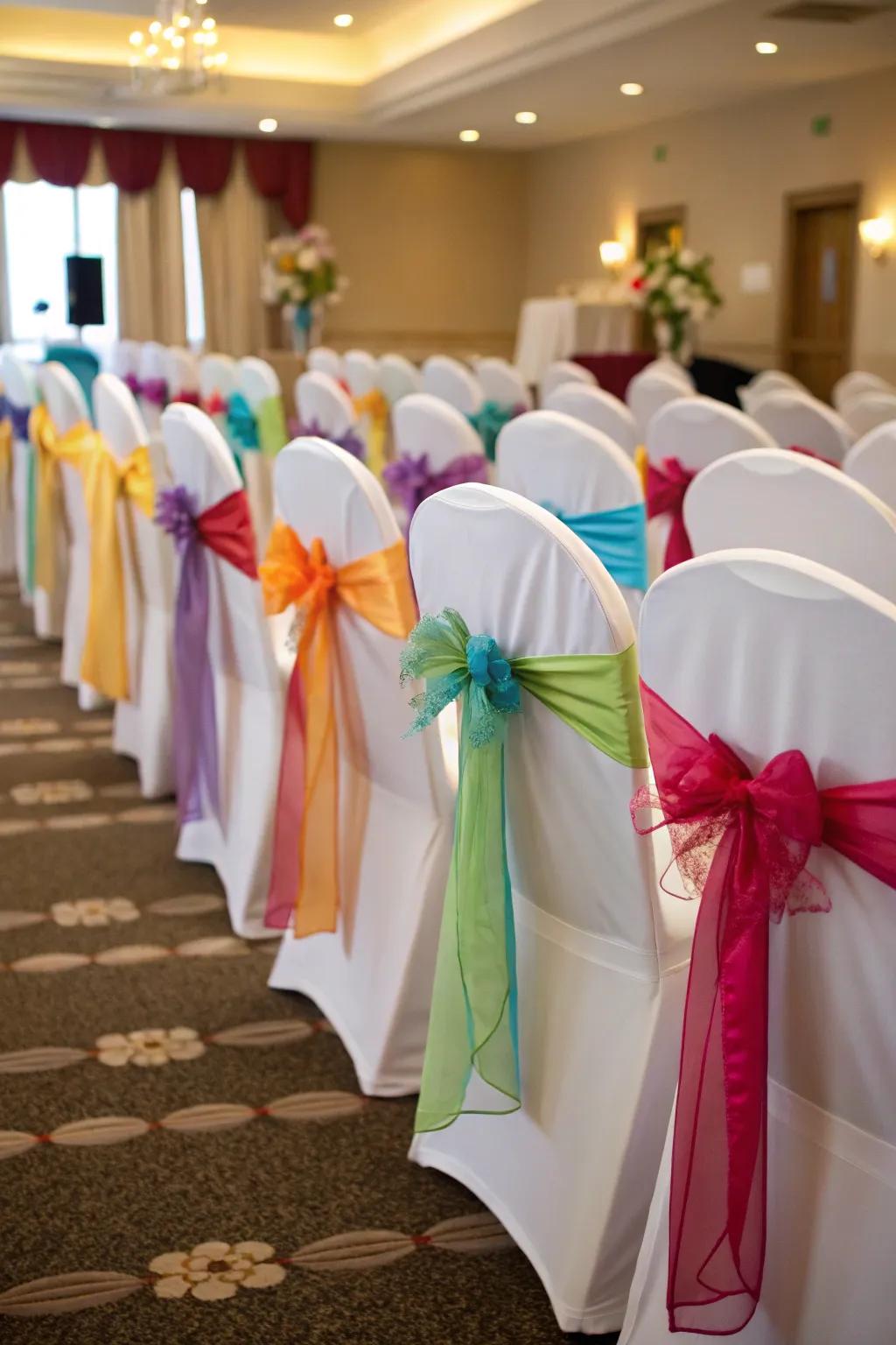 Brighten up your wedding chairs with ribbons and knots that complement your theme.