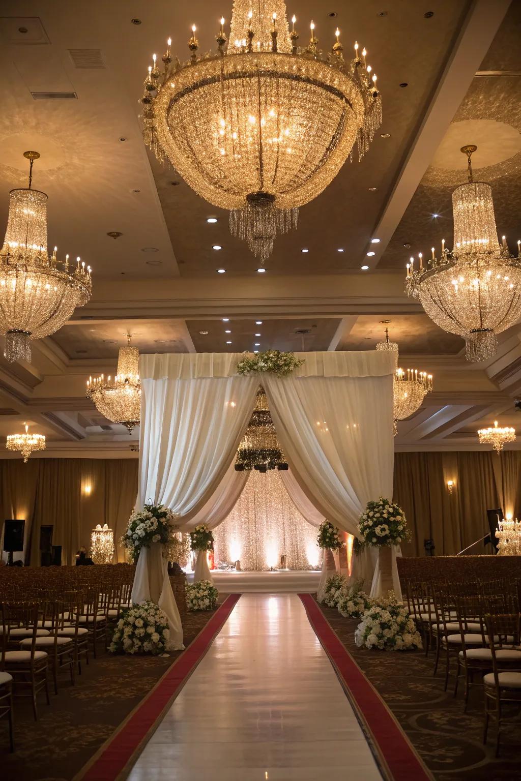 Pair shining lights and drapery for an opulent wedding atmosphere.