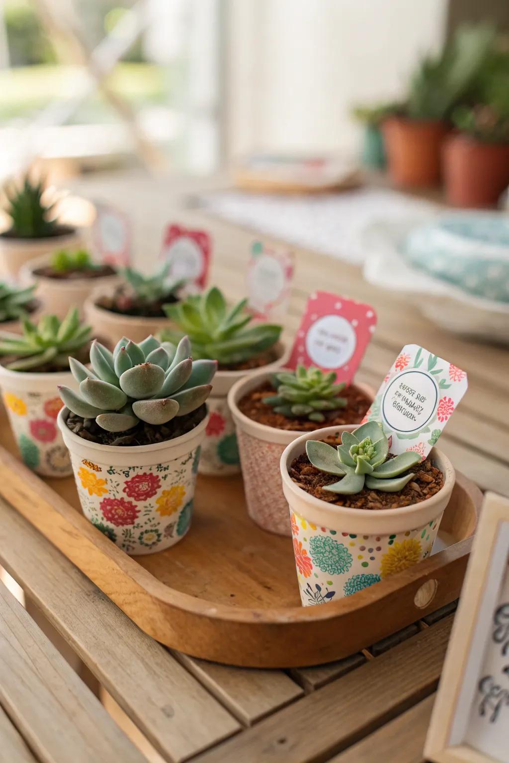 Miniature potted succulents as eco-friendly wedding favors