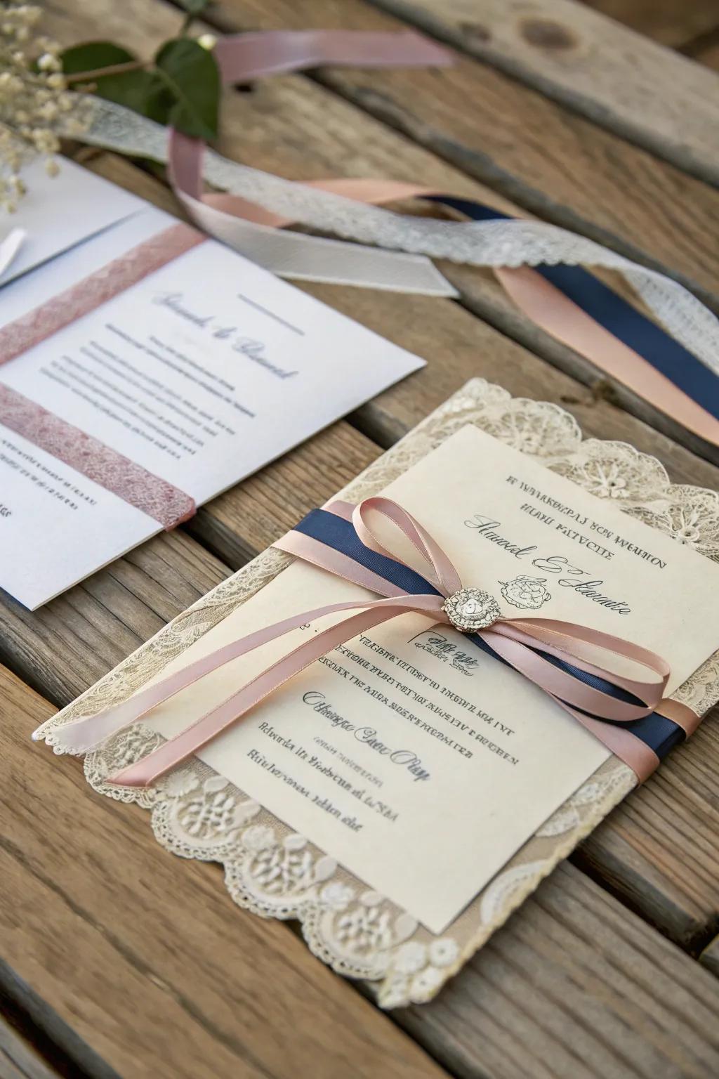 A stunning wedding invitation with layered ribbons.