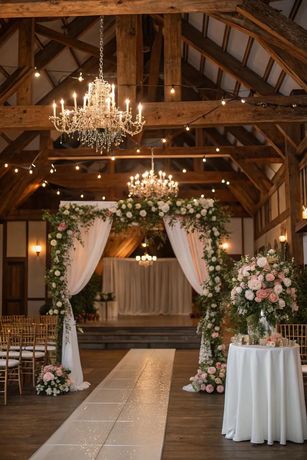 A warm indoor wedding environment exuding rustic elegance.
