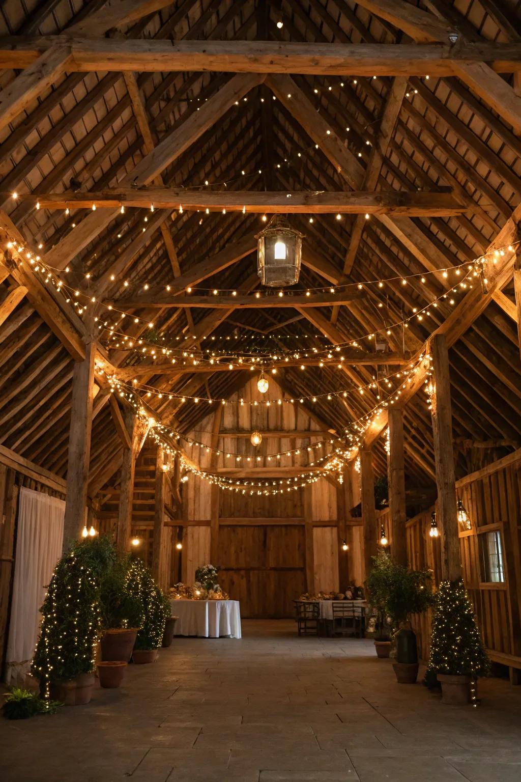 A rustic barn wedding venue, beautifully adorned with timber supports and shimmering fairy lights.