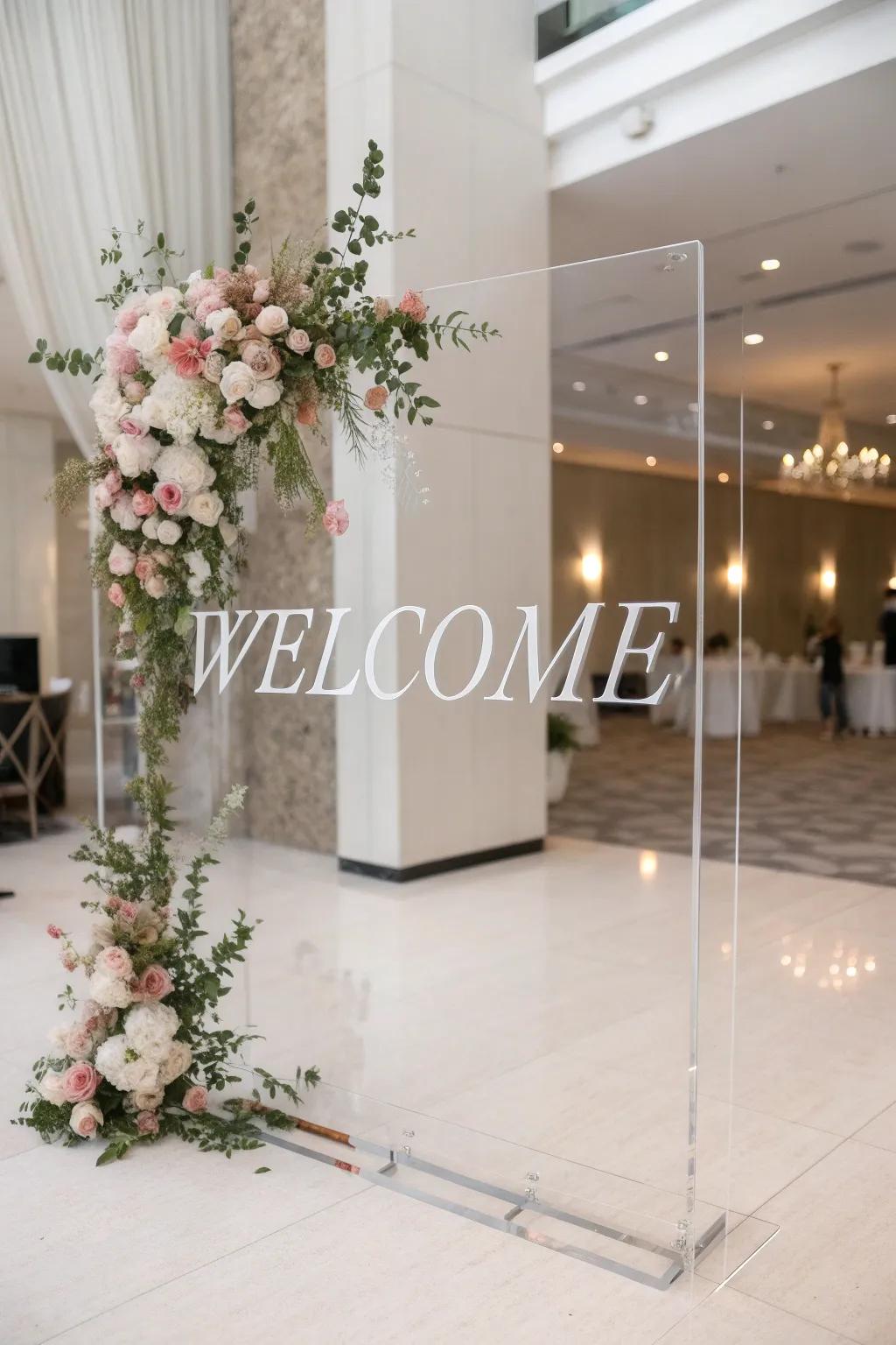 A contemporary see-through board with personal details and floral accents, radiating modern romance.