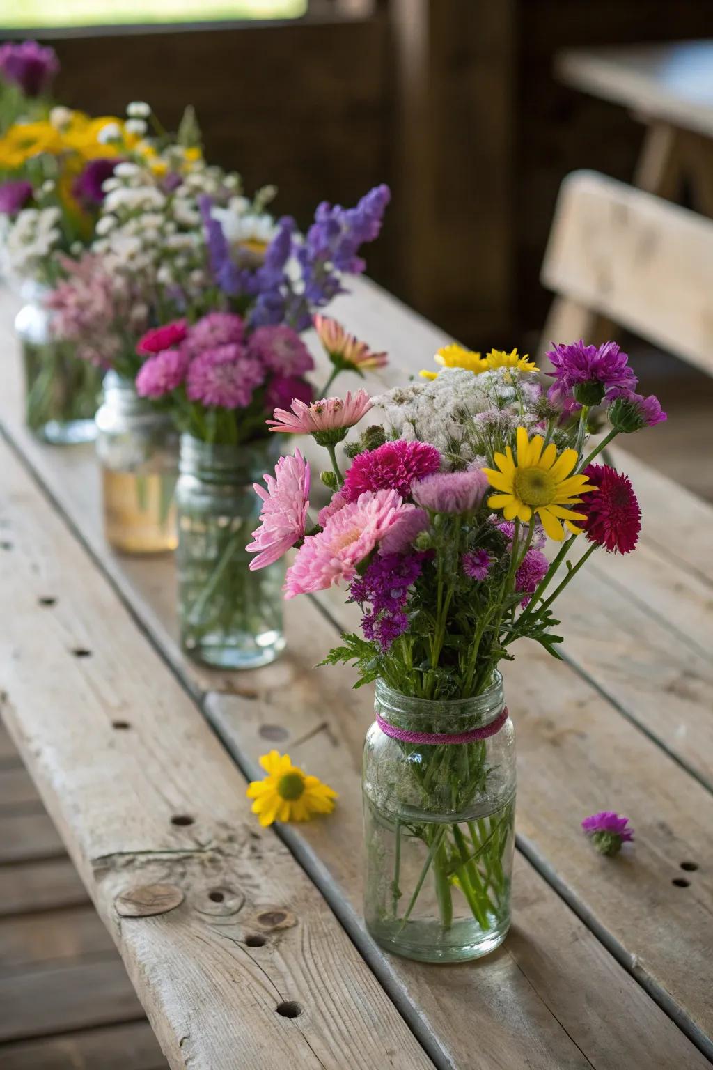 Glass containers loaded up with wildflowers make a basic yet staggering centerpiece.