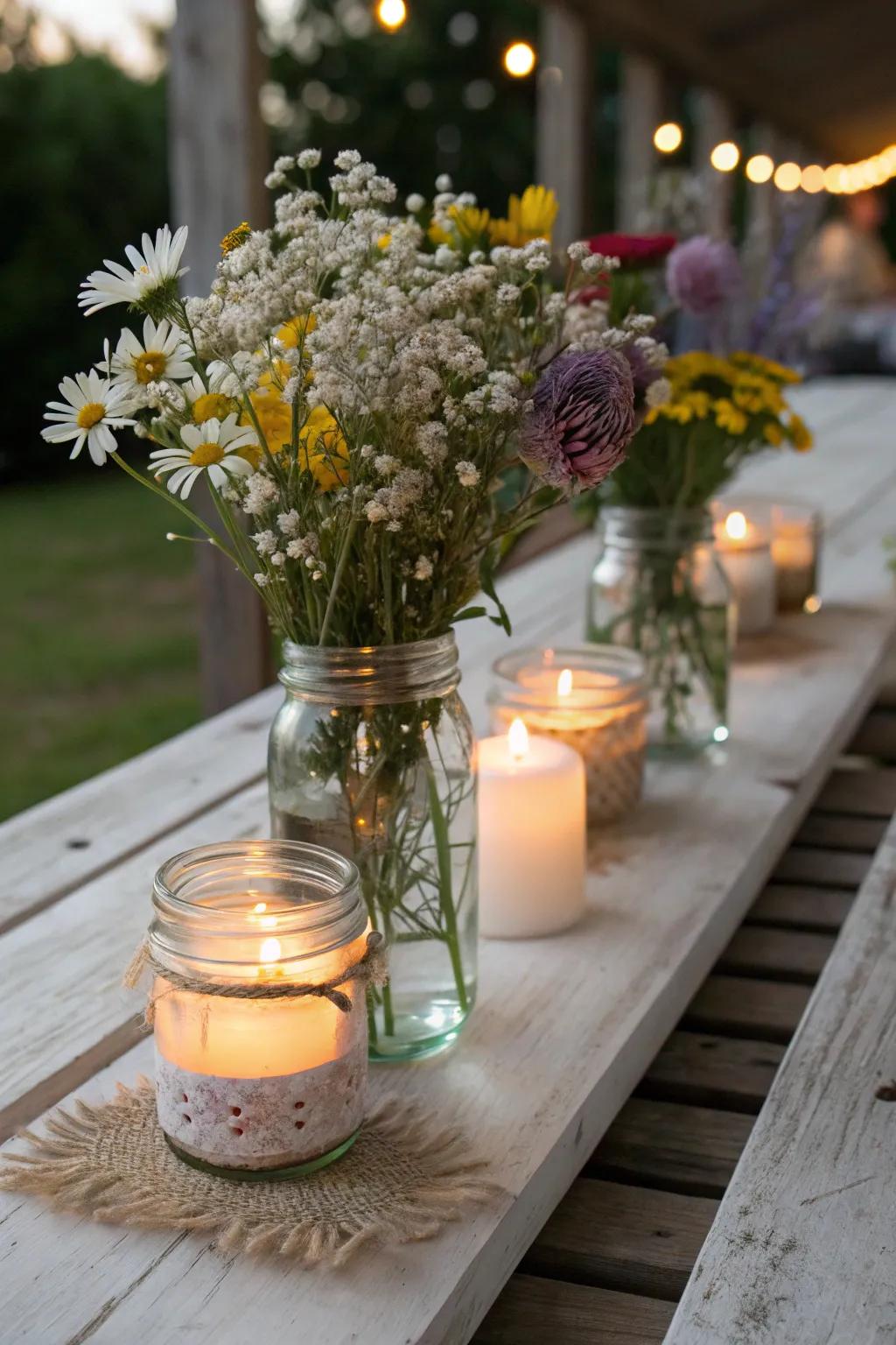 Homespun jugs brimming with wildflowers fashion a nostalgic and snug ambiance.