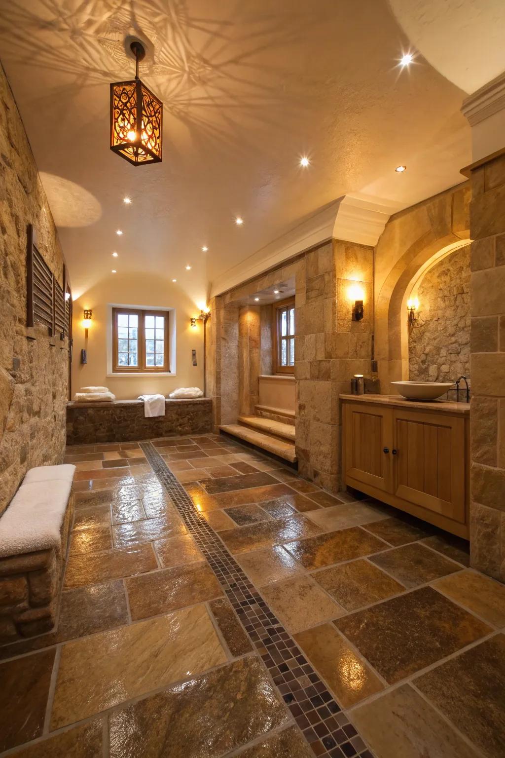 Natural stone flooring adds timeless elegance to any wet room.