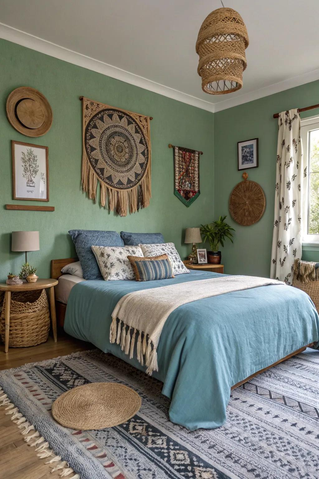 A bedroom design featuring soft green walls complemented by blue decorative accents.