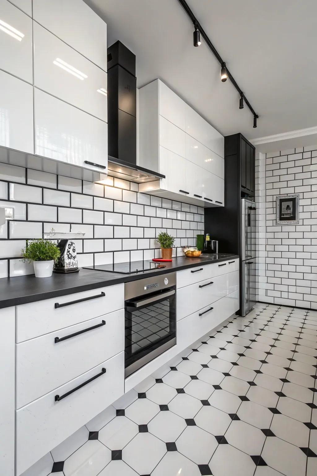 Create a dramatic effect with dark grout set against white tiles.