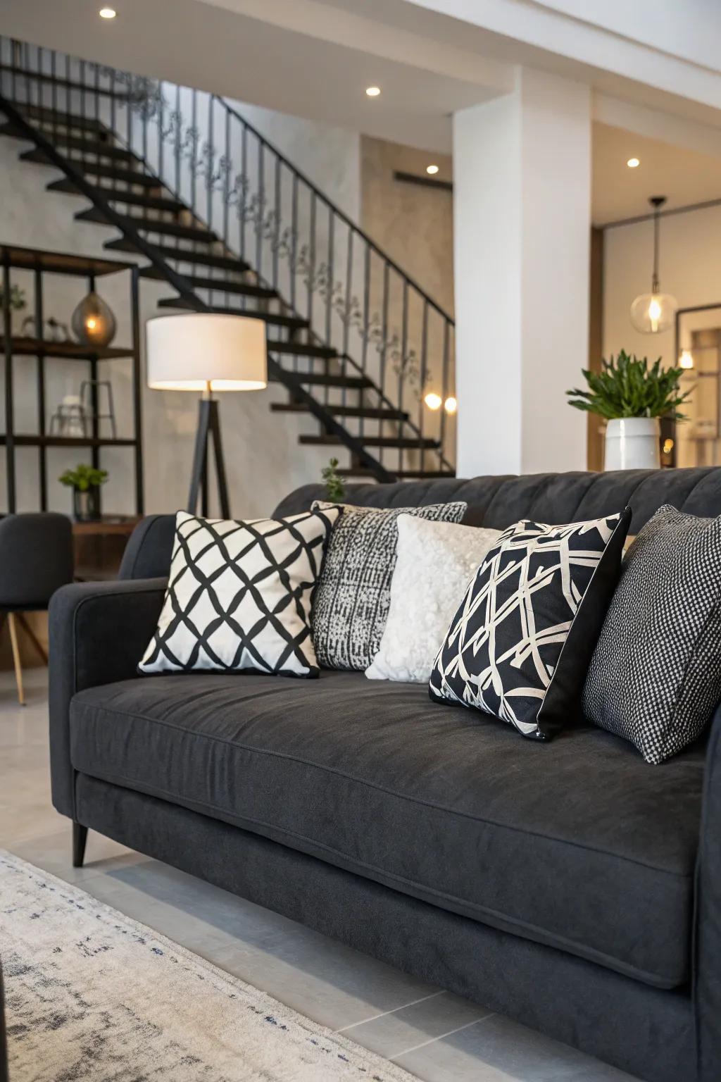 Monochrome pillows offer an iconic contrast on a dark grey sofa.