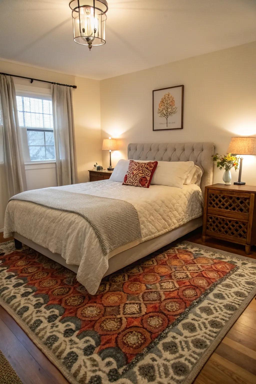 A 5x8 rug adds a snug feel to a compact bedroom, harmonizing beautifully with the queen bed.