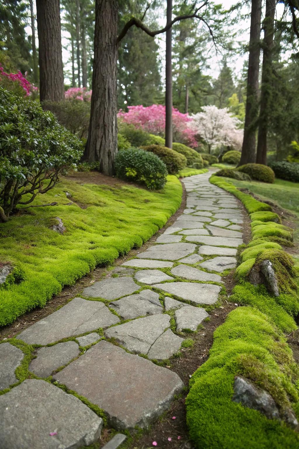 Rich moss nestled between stones introduces a hint of verdant beauty and softness.