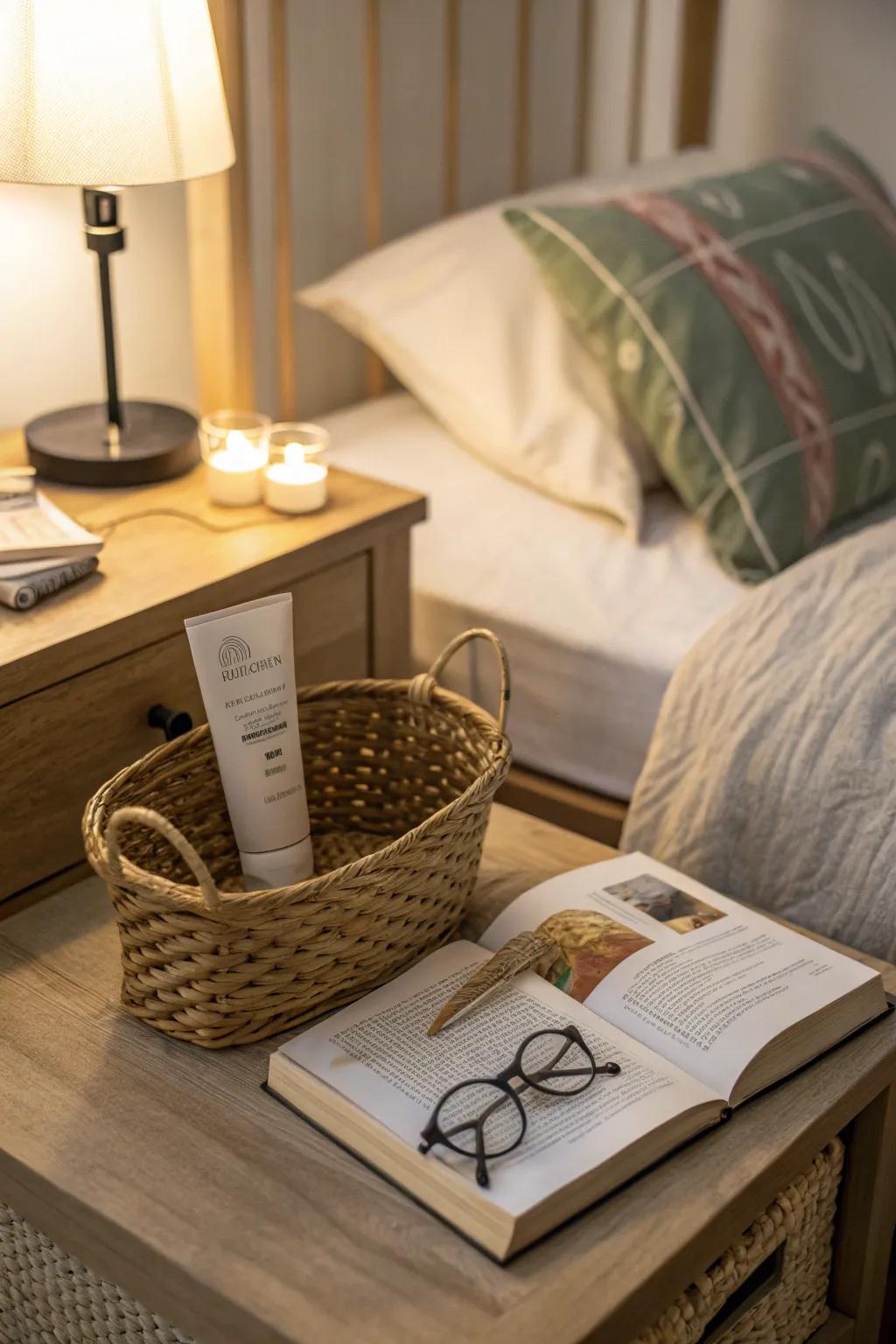 Maintain an orderly bedside table with a basket designed to hold your crucial items.