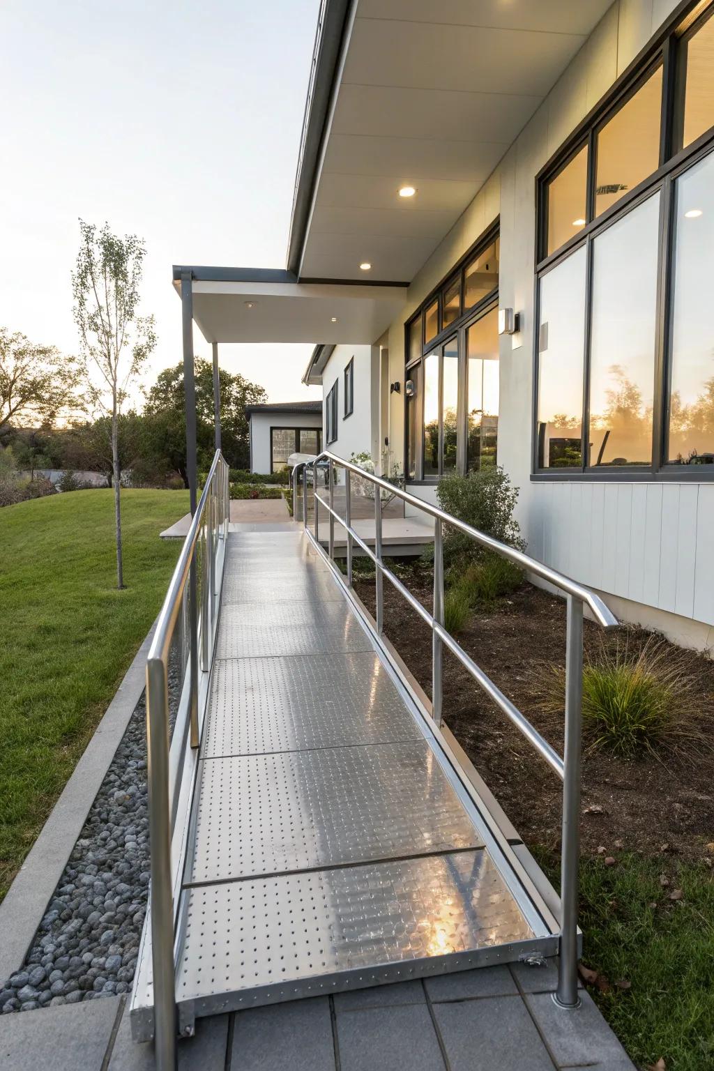A modern metal ramp providing a stylish and robust entrance.