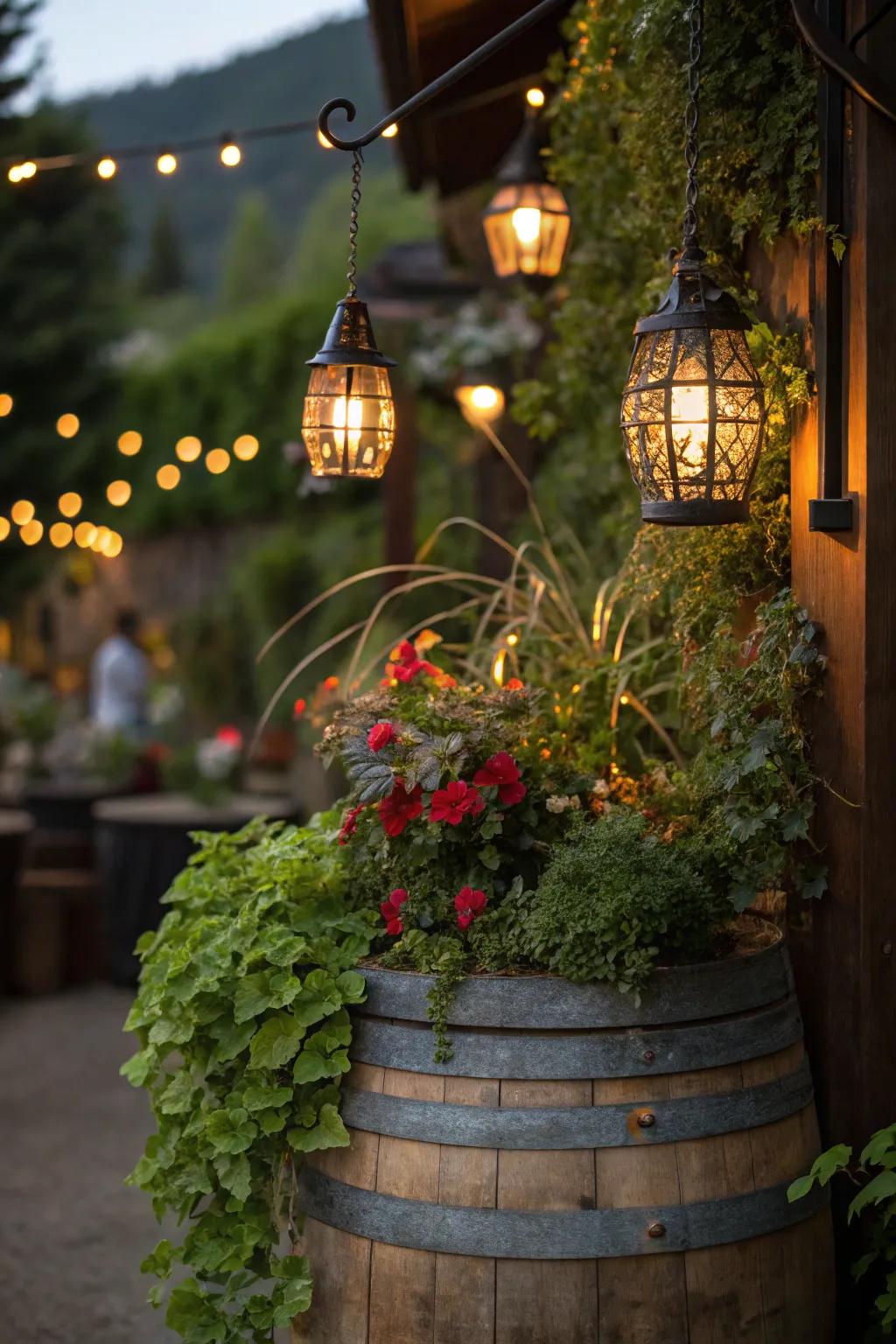 An impressive vertical garden featuring orbs suspended above flourishing greenery.
