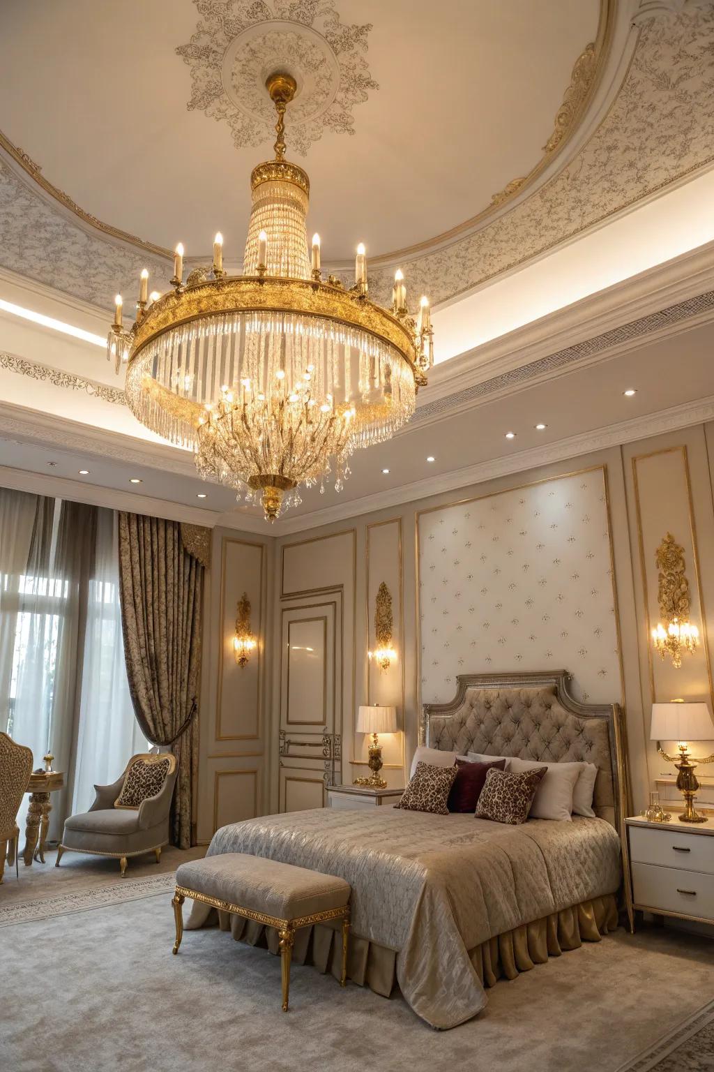 A gold chandelier adds a touch of luxury and warmth.