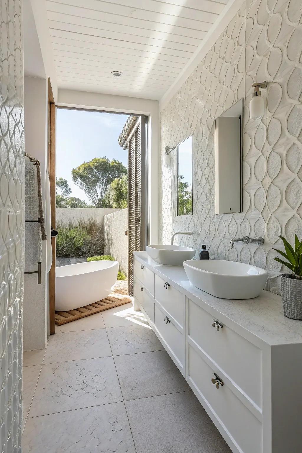 Textured tiles offer a stunning contrast in this simple white bathroom.