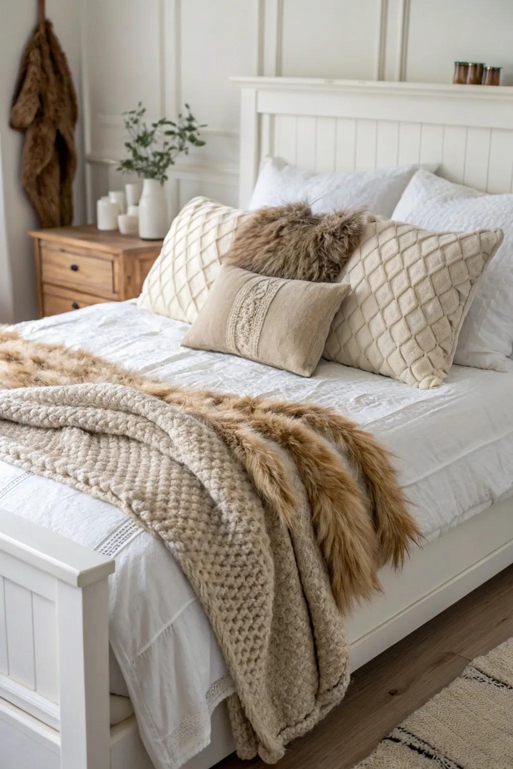 Varied surfaces impart appeal and profundity to a pure white bedroom.