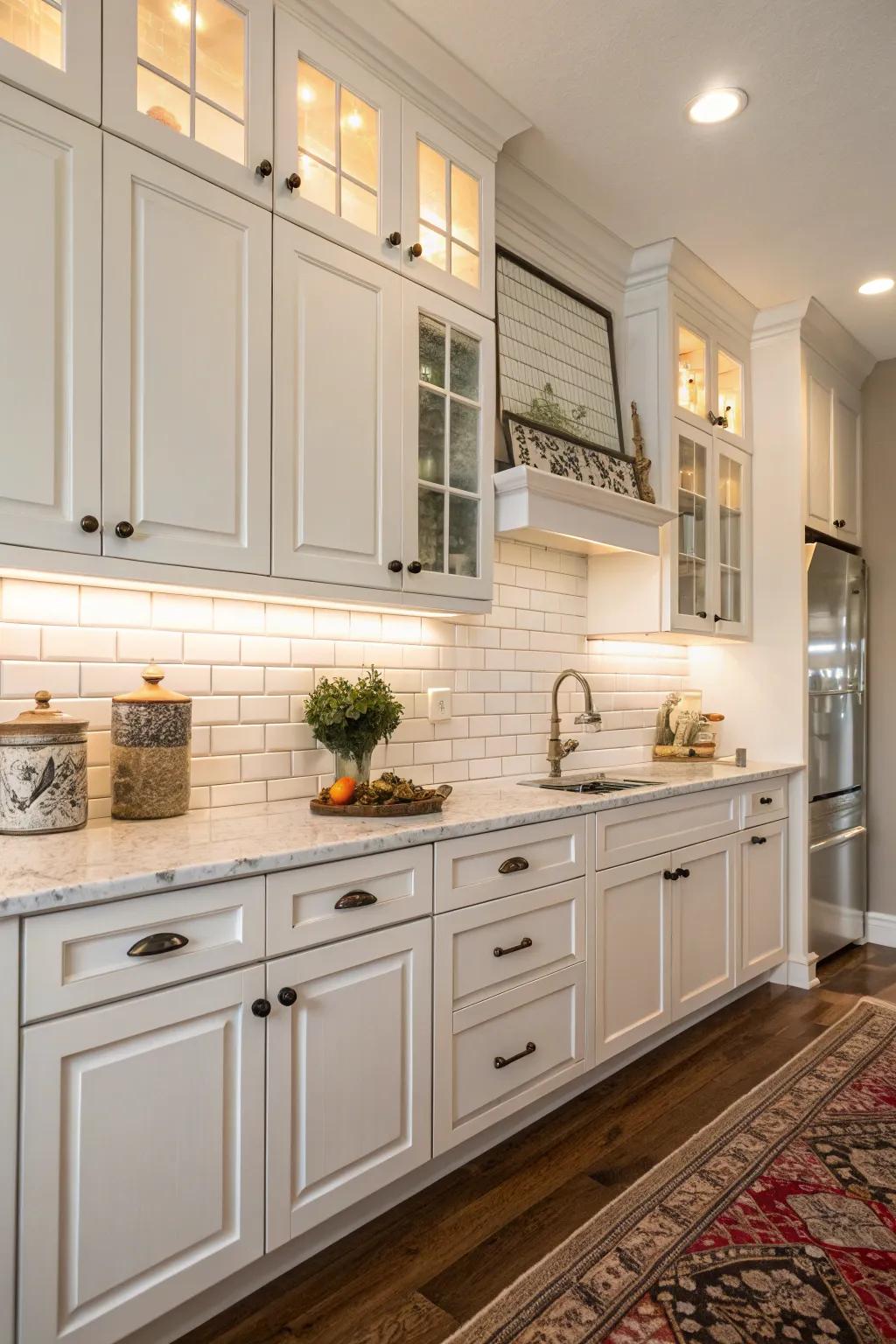 Ageless white wall tiles complementing the sleek forms of white cabinets.