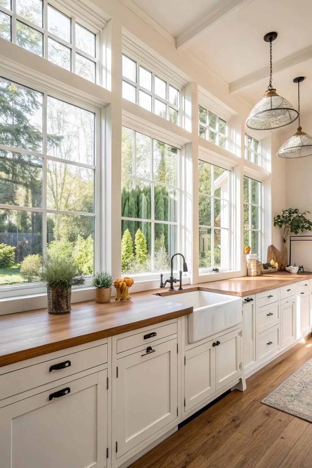 The sunlight fills the kitchen, showing off the beauty of the white and wood combination.