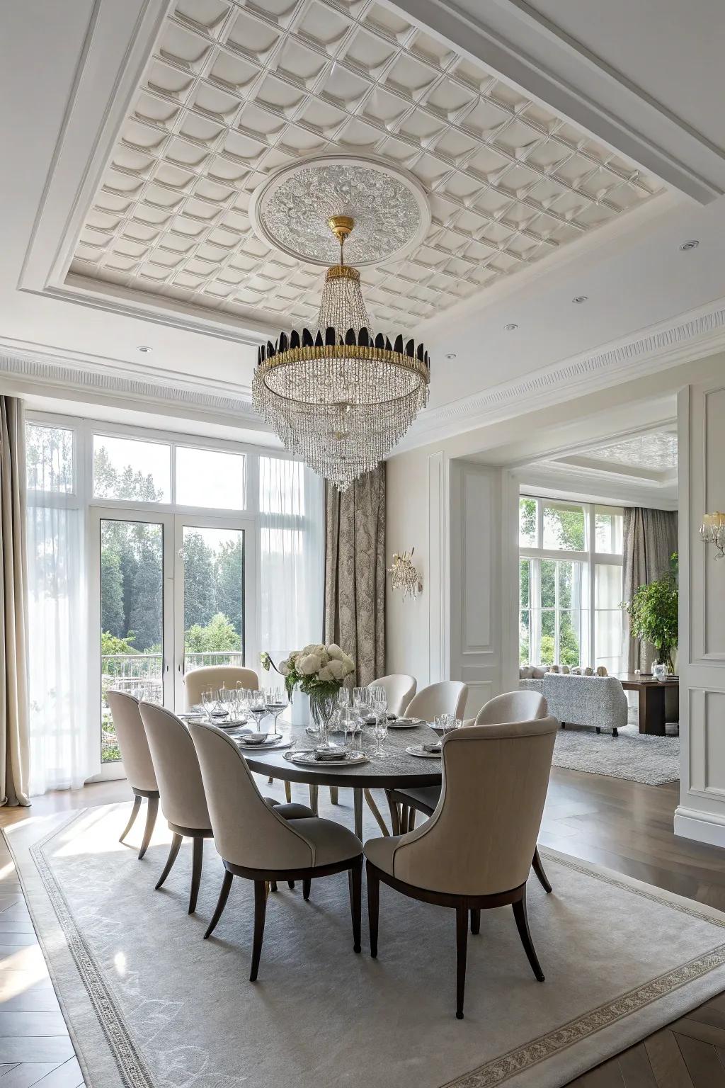 A dining room with a white ceiling that provides the perfect setting for a dazzling chandelier.