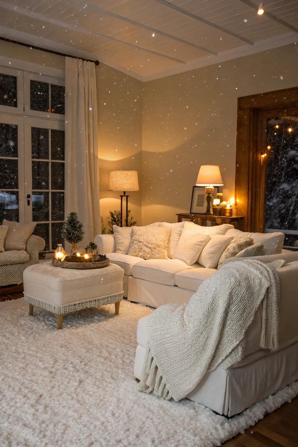 Create a snowy haven with white accents.
