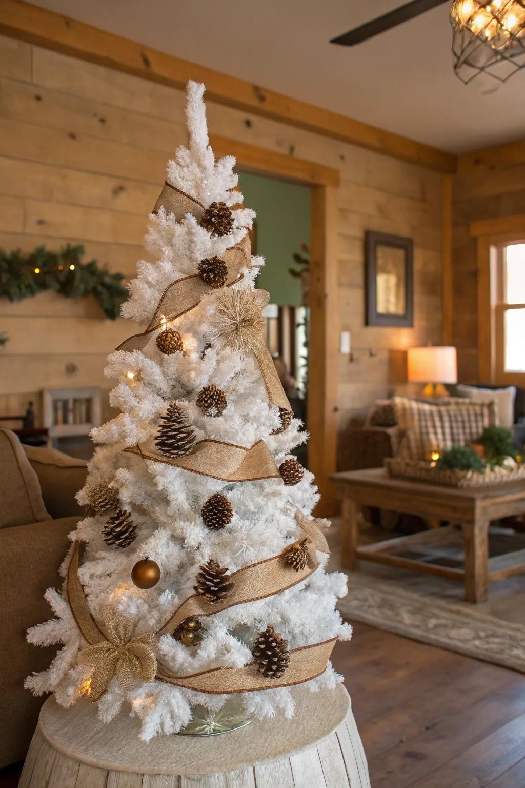 Countryside allure featuring hessian and conifer cone embellishments on a white Christmas tree.