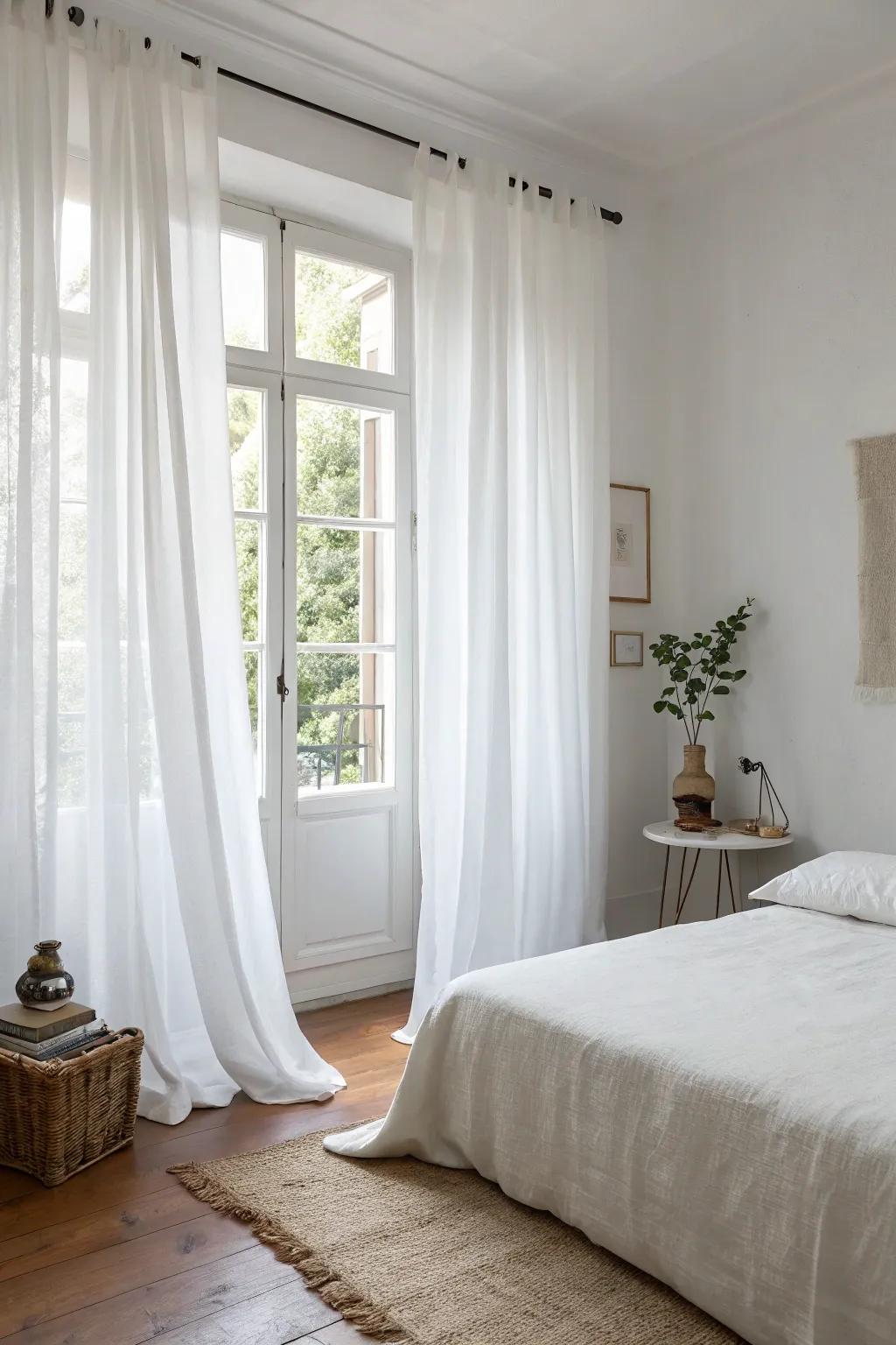 A minimalist bedroom featuring white curtains and a simple decor scheme.