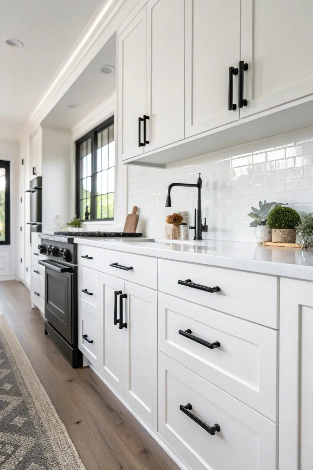 Eye-catching matte black hardware providing a bold contrast with white cabinetry.
