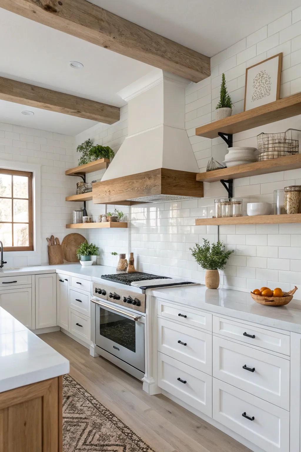 Raw timber details infuse warmth and texture into the immaculate white kitchen.