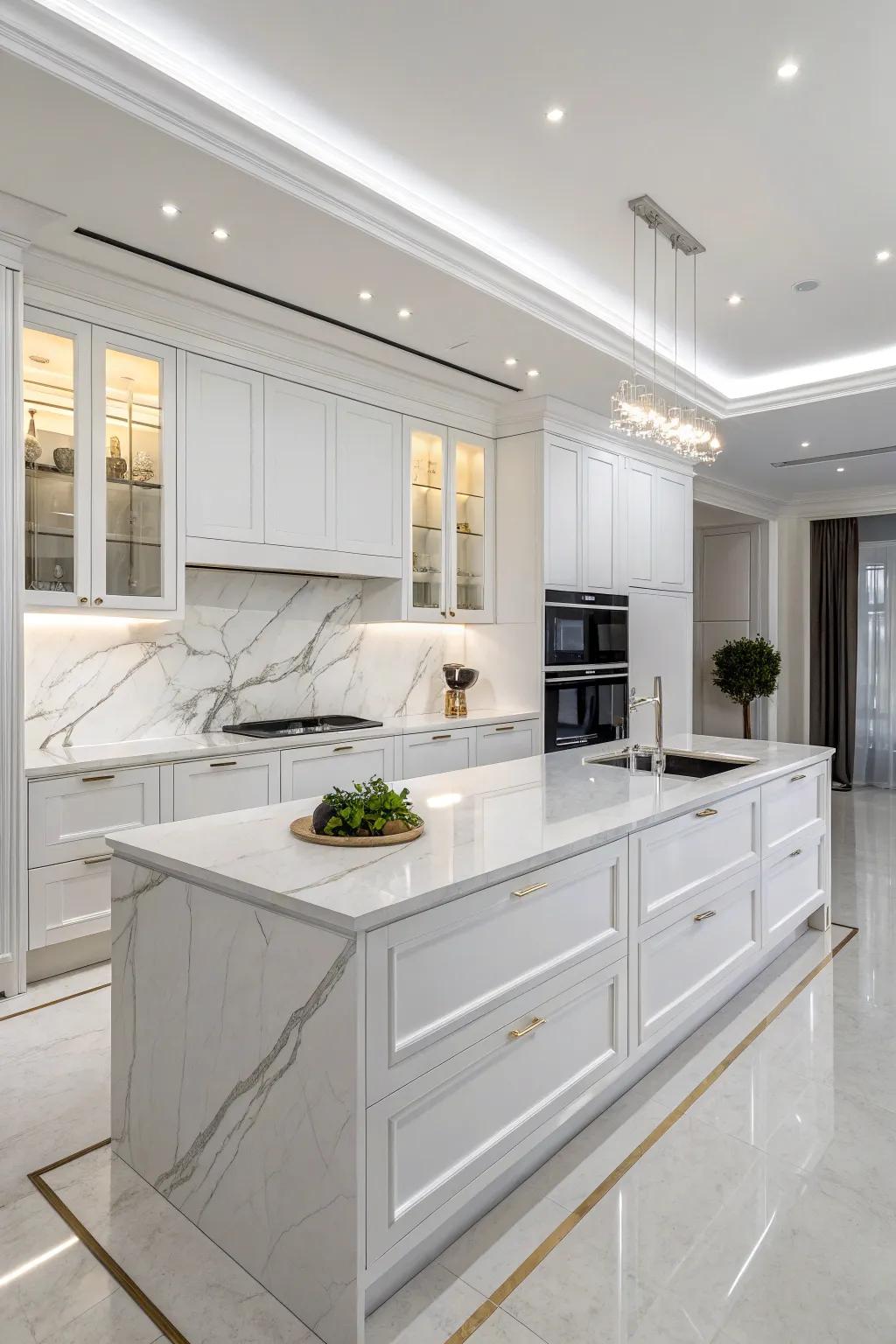 Elegant marble worktops add sophistication to this white kitchen.