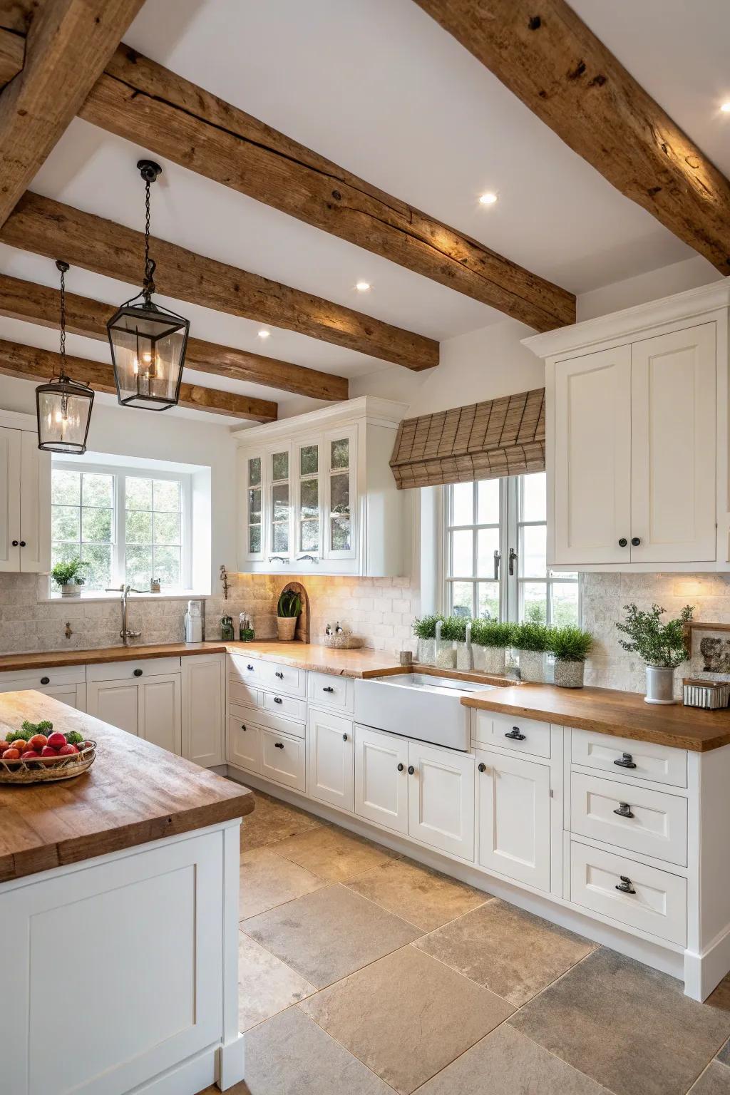 Untreated timber details enhance the pristine white of the cupboards.