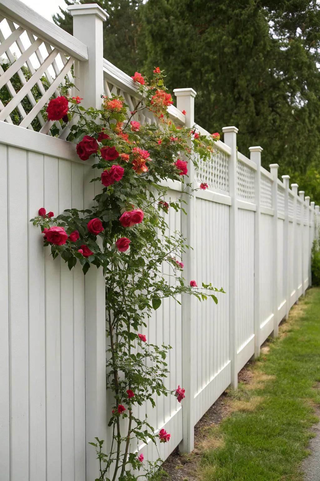 A webbed peak fence introduces a charming element to privacy, ideal for showcasing plant life.