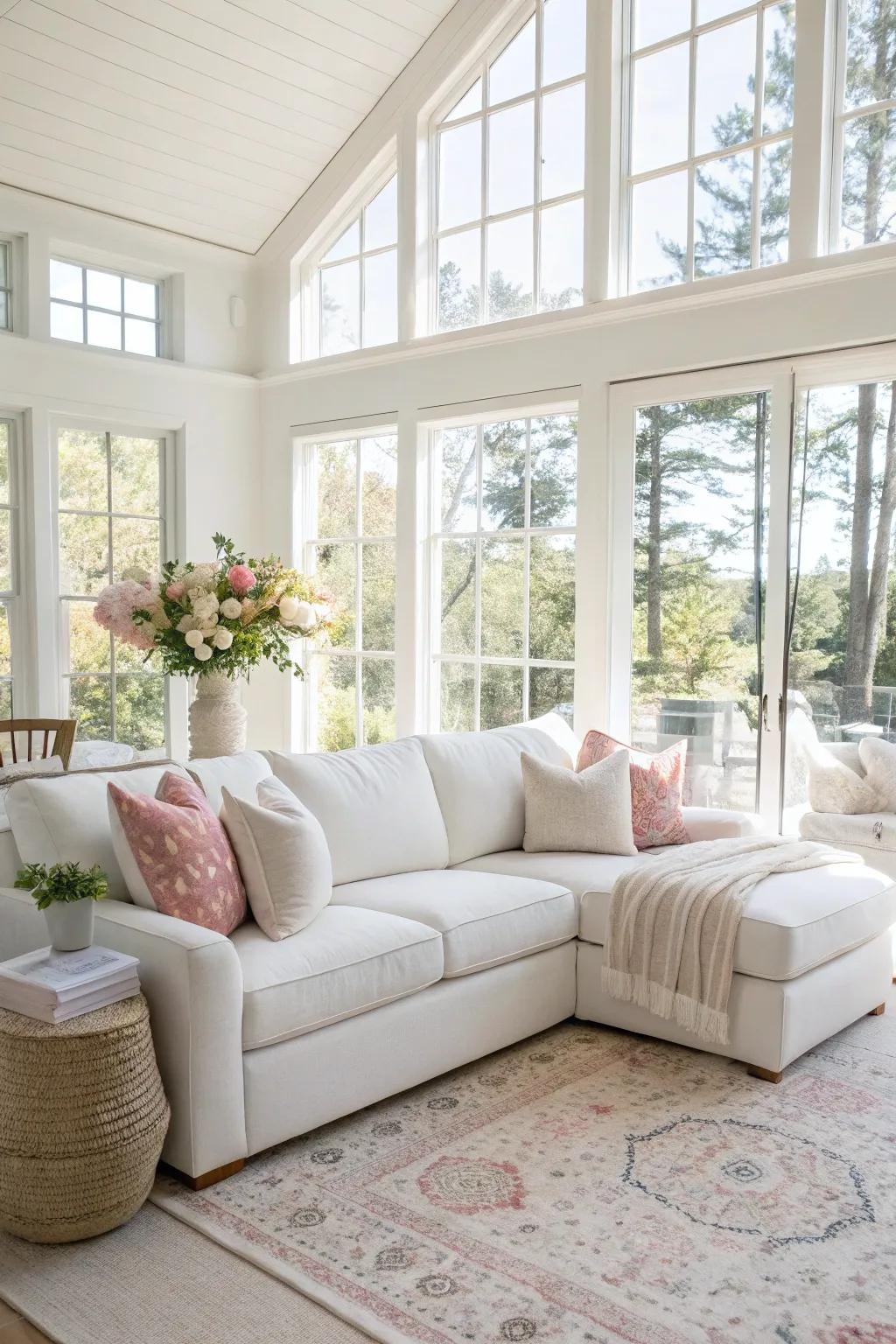 Sunlight cascades into a living space featuring a white sectional.