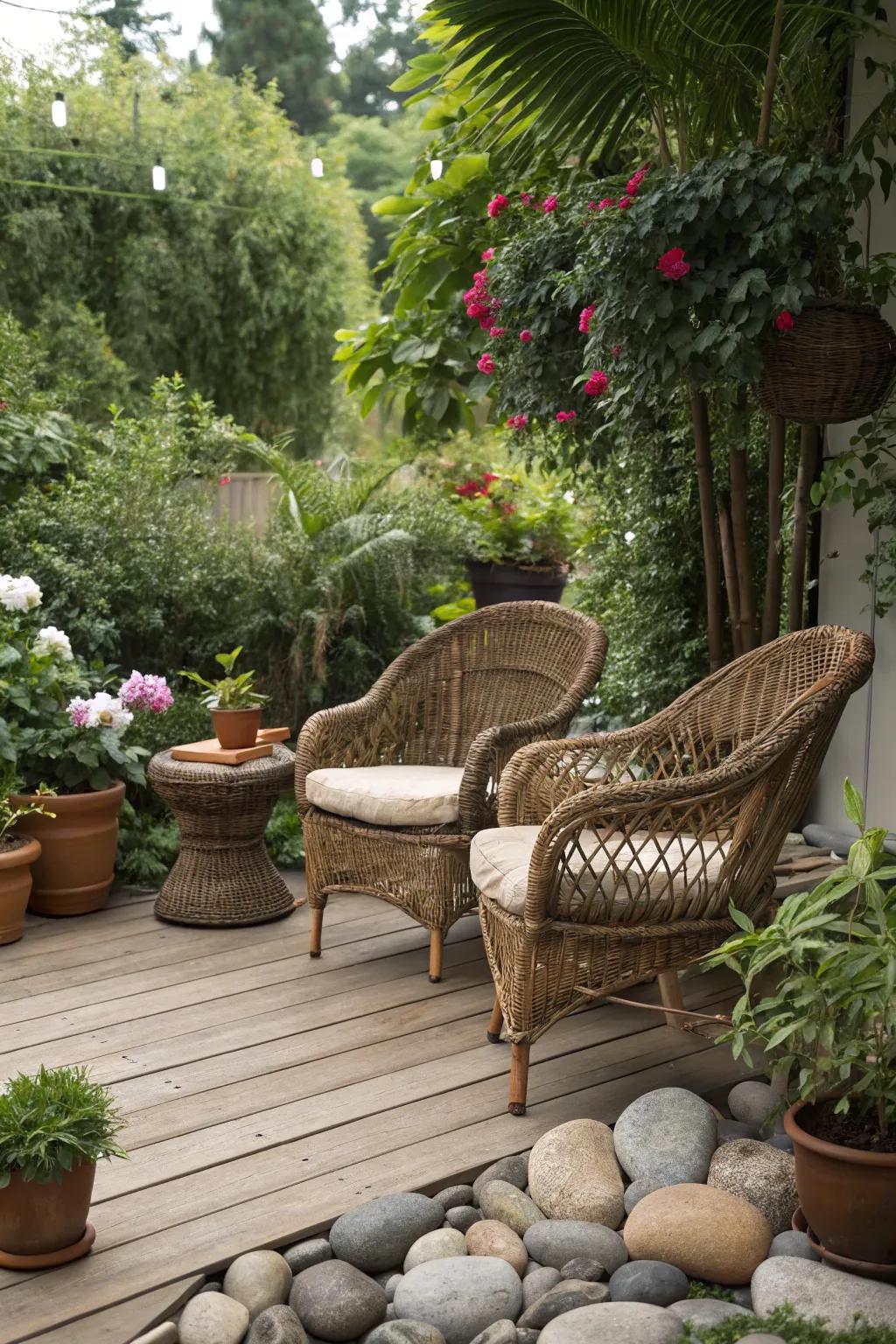 Wicker furniture seamlessly merging with natural features.