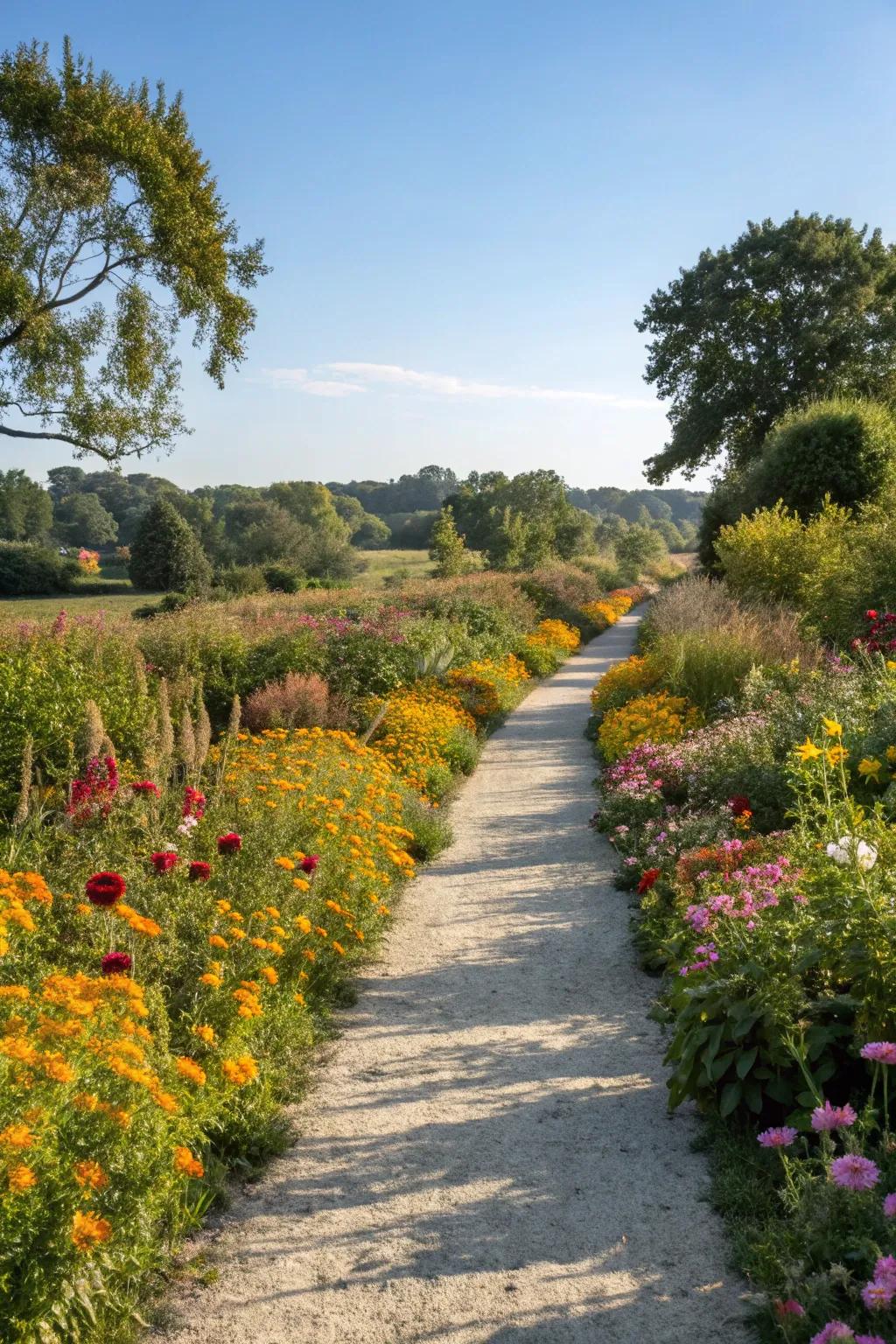 An alluring path lined with wildflowers, encouraging exploration.