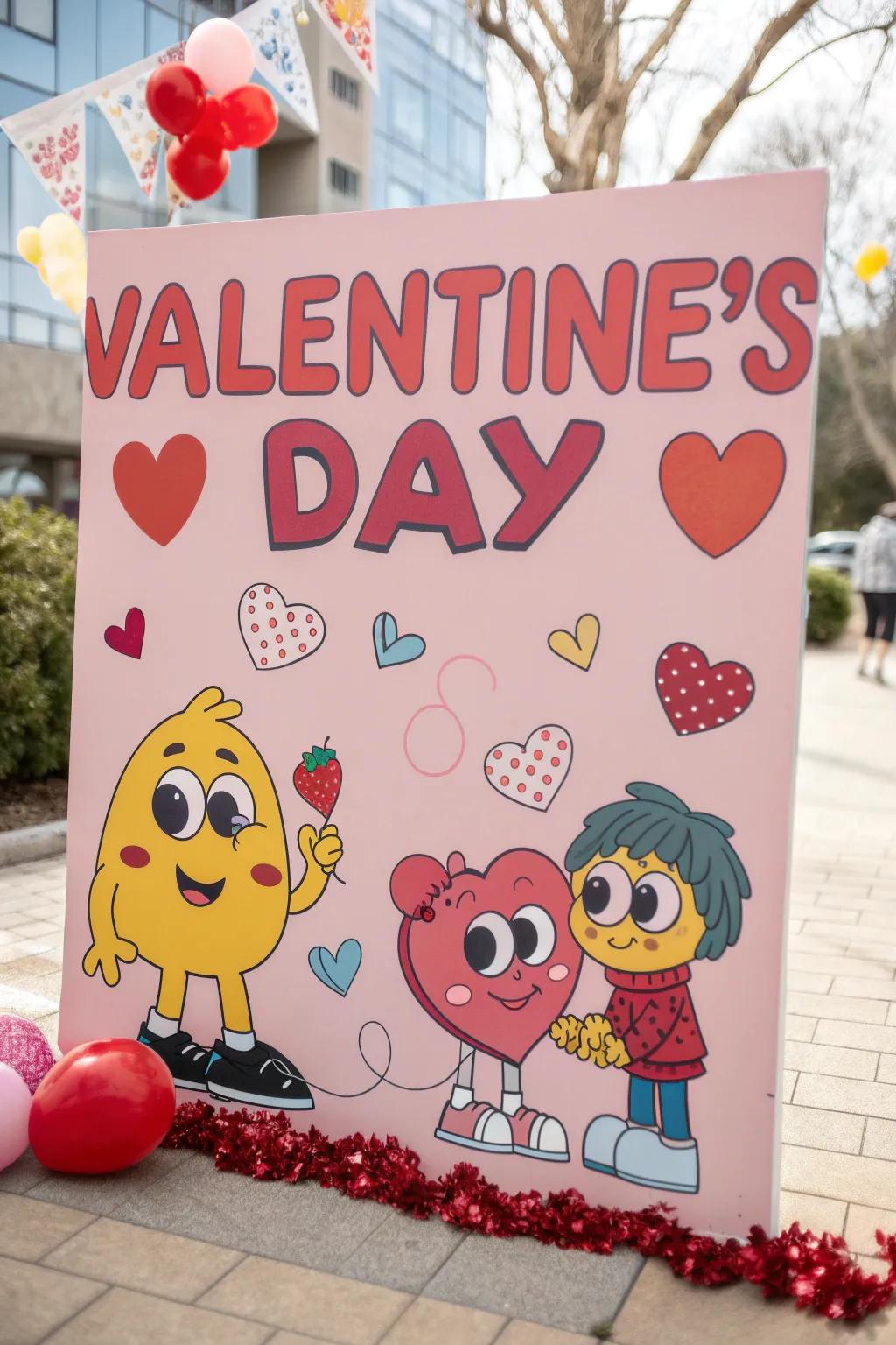 A fun Valentine's placard featuring amusing puns and vibrant cartoon graphics.