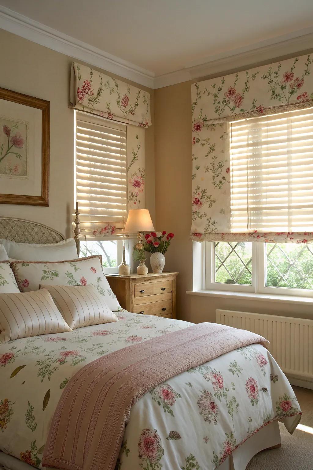 Window coverings and bedding aligning to establish a unified bedroom design.