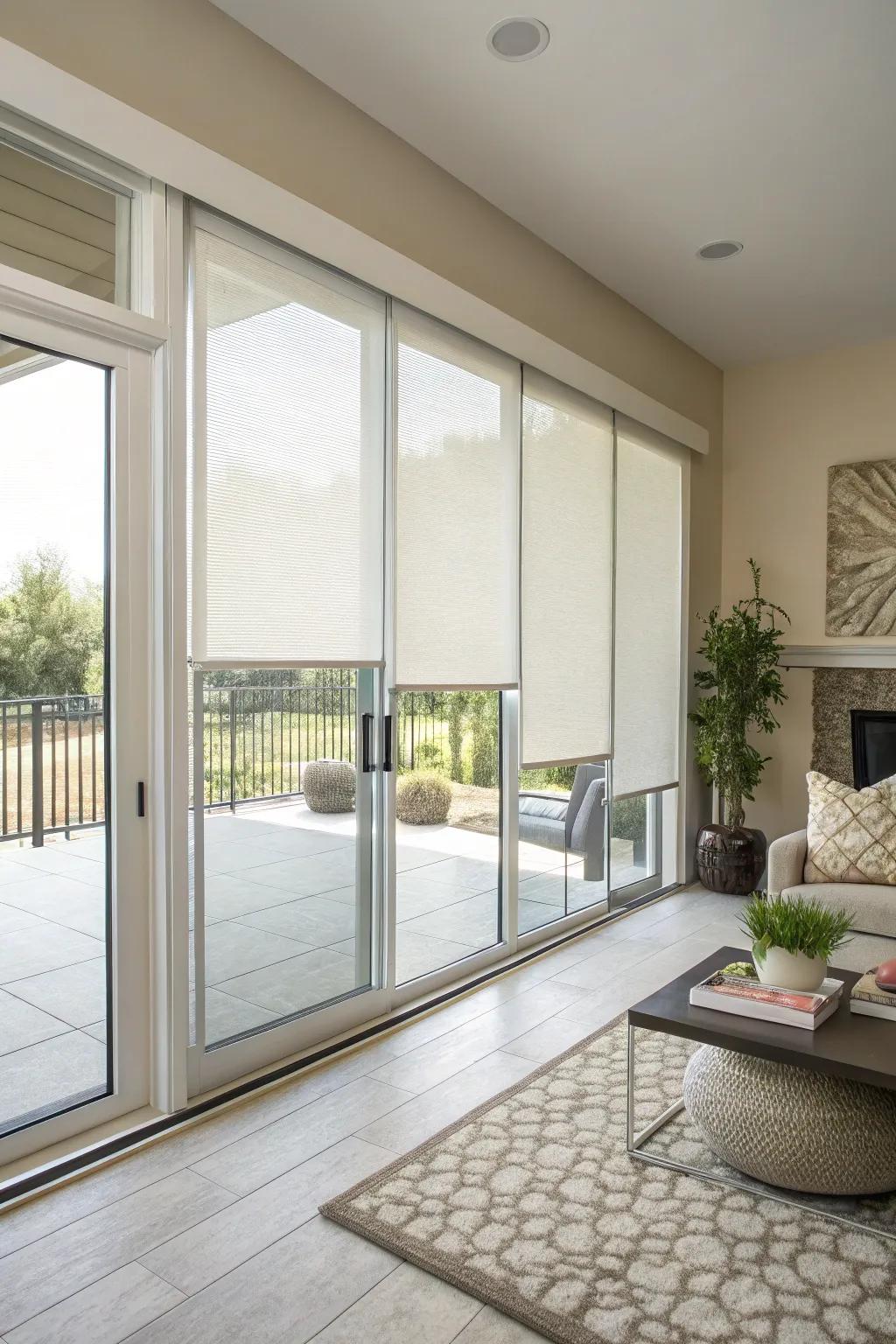 Panel track blinds deliver a modern, uncluttered appearance.