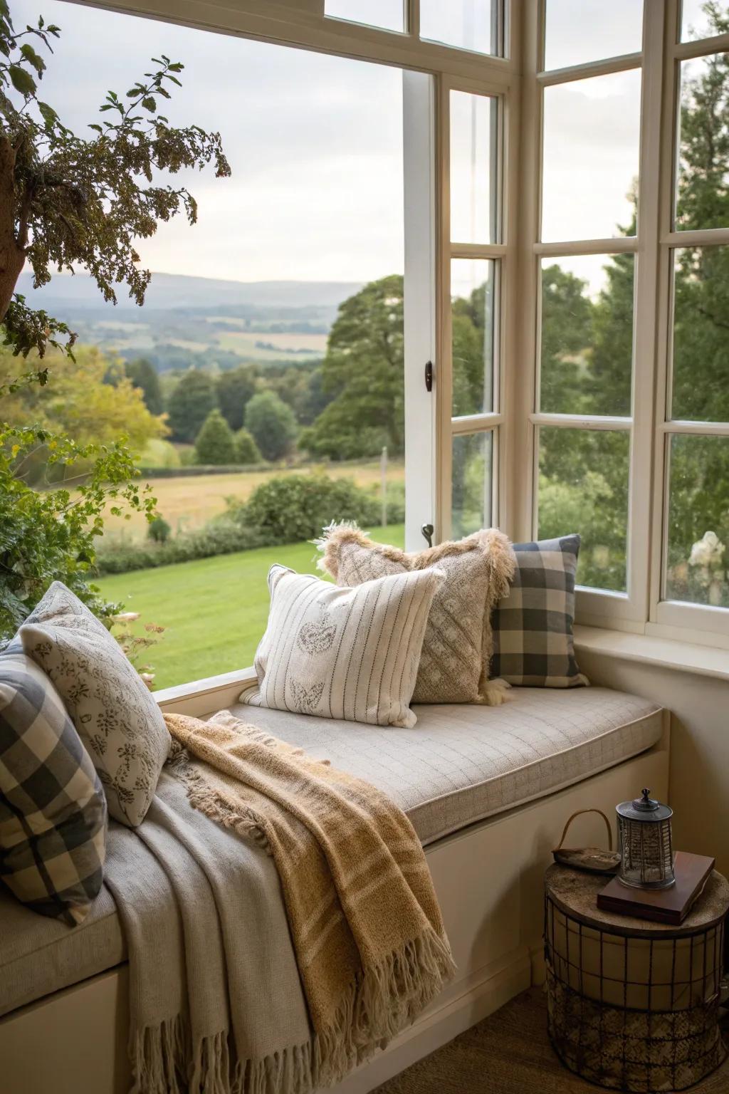 A cozy window seat with cushions, perfect for relaxation.