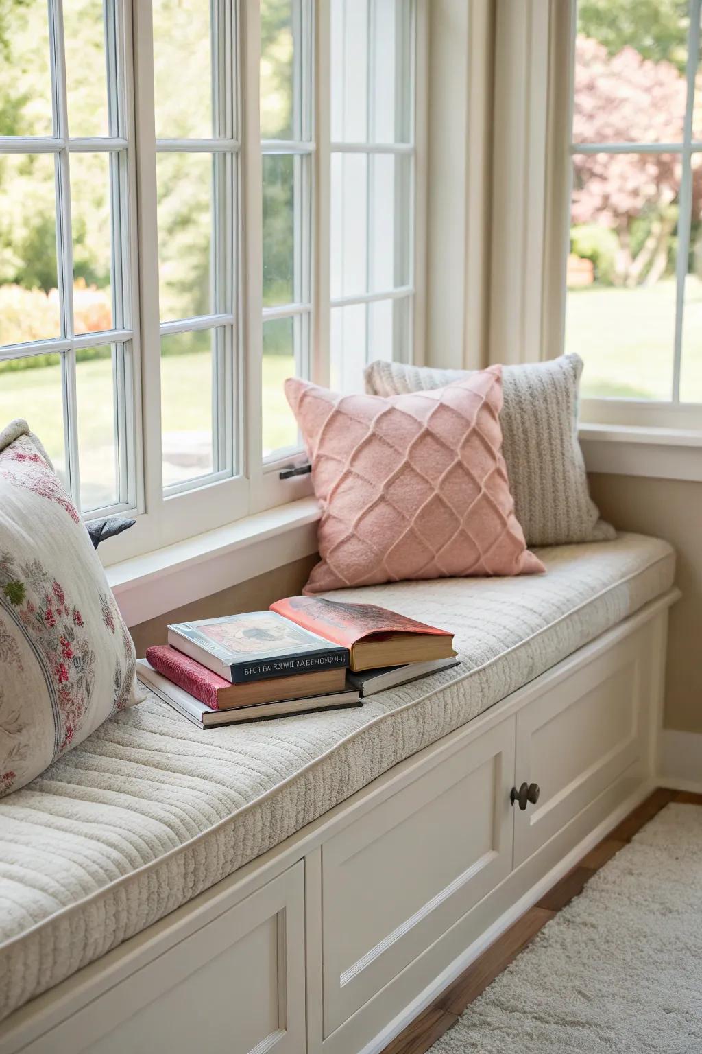 A custom window bench with soft cushions and books.