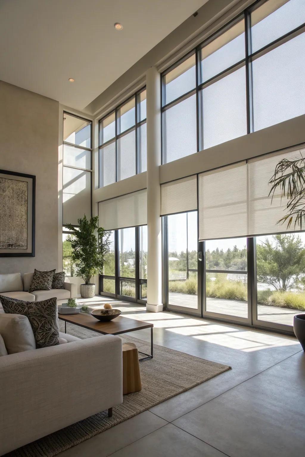 Pull down shades deliver a tidy, contemporary design alongside adjustable light management.