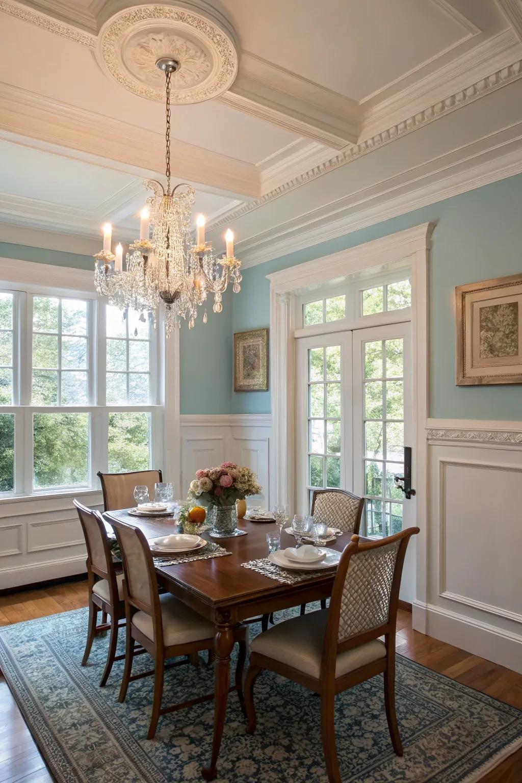 Pure ivory frames offer an elegant frame for dining room windows.