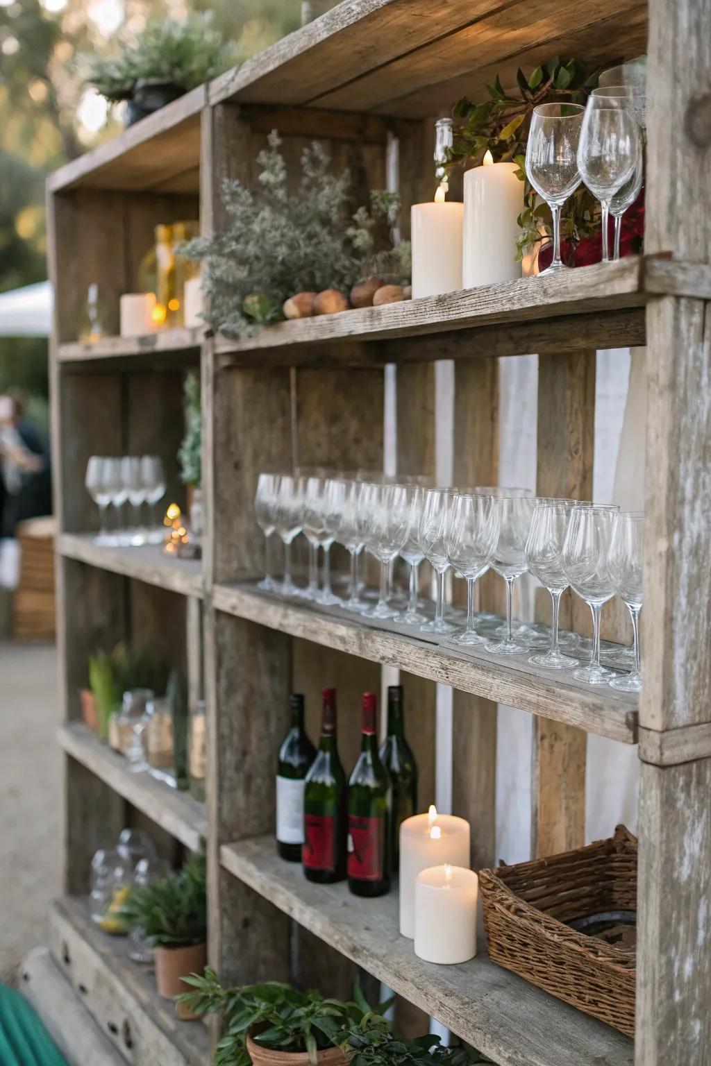 Rustic wooden shelves displaying an array of wine glasses.