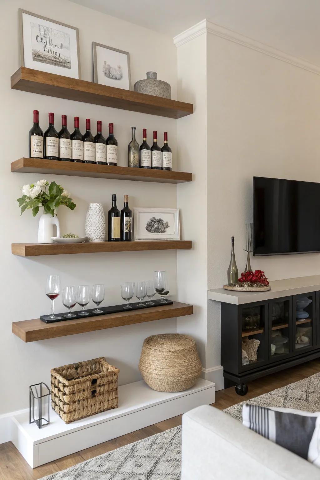 Minimalist floating shelves displaying wine bottles with sophisticated simplicity.