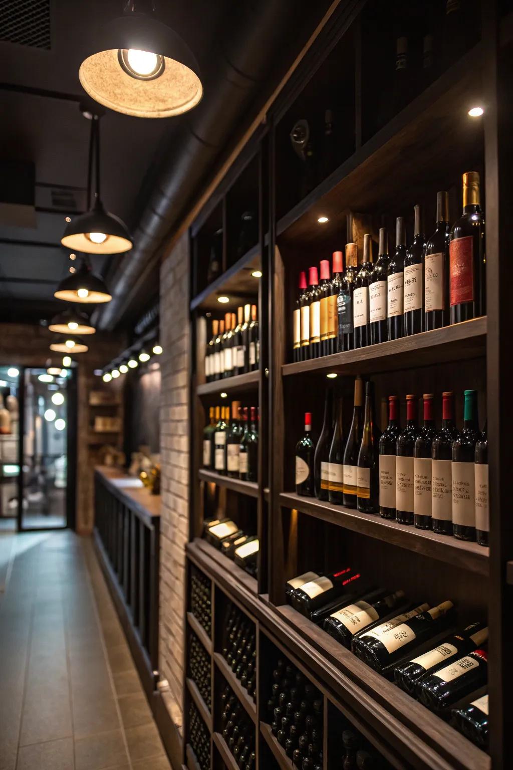 Intense spotlights showcasing special wines in the collection.