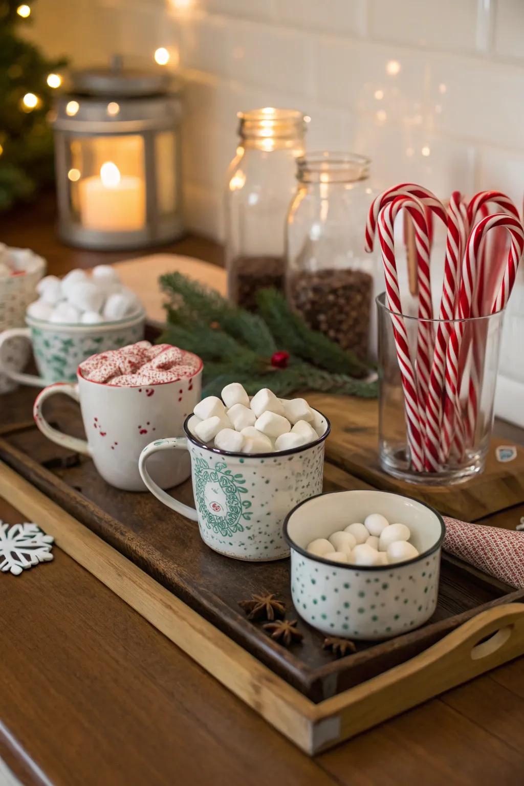 A warm sipping station look with retro cups and various toppings.