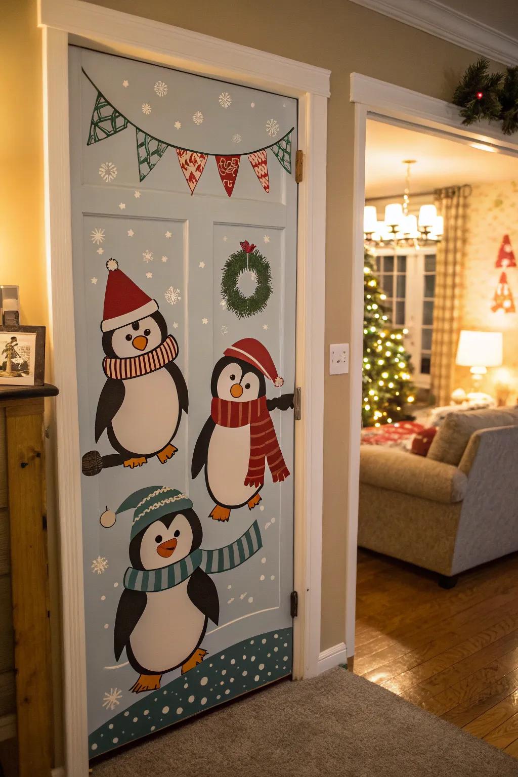 A whimsical penguin bash door to chase away the winter blues.