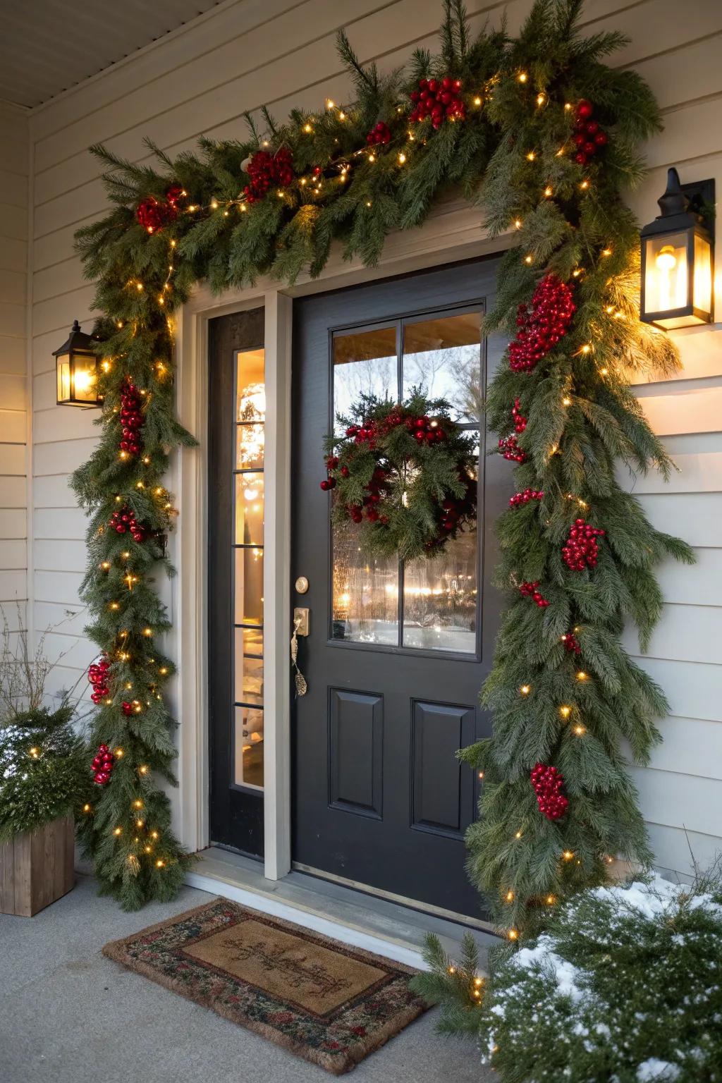 Radiant vines spread festive joy across this winter entrance.