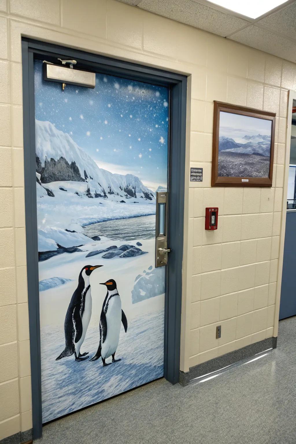 Penguins bring an amusing charm to this winter school door